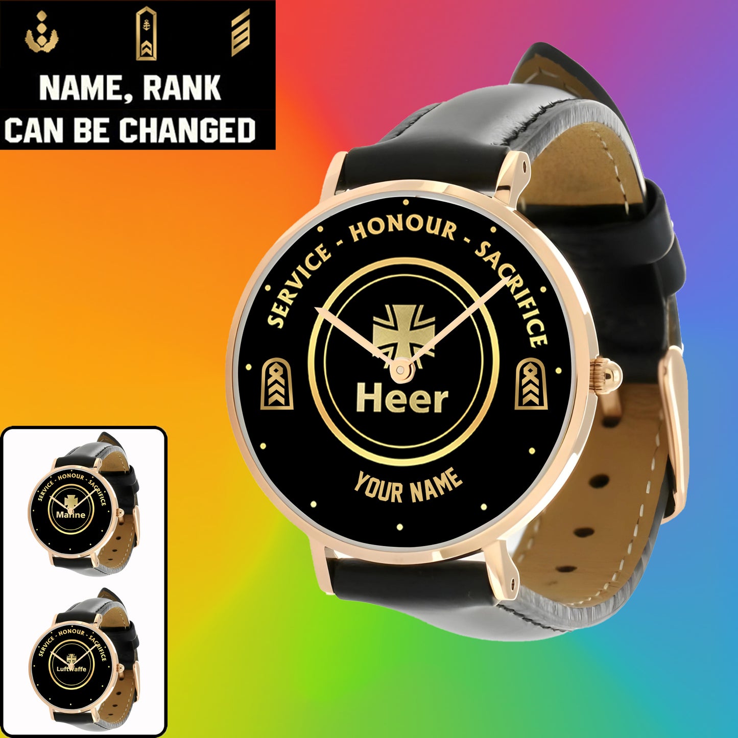 Personalized Germany Soldier/ Veteran With Name, Rank Black Stitched Leather Watch - 2603240001 - Gold Version