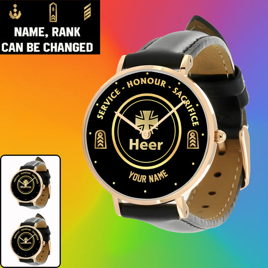 Personalized Germany Soldier/ Veteran With Name, Rank Black Stitched Leather Watch - 17114112 - Gold Version