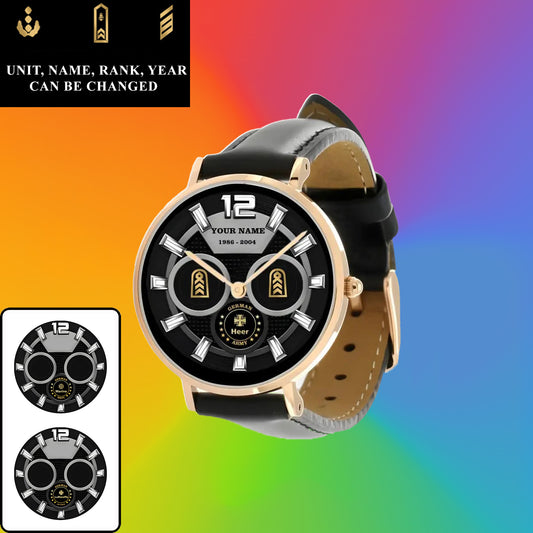 Personalized Germany Soldier/ Veteran With Name, Rank and Year Black Stitched Leather Watch - 27042401QA - Gold Version