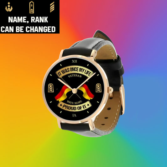 Personalized Germany Soldier/ Veteran With Name and Rank Black Stitched Leather Watch - 03052401QA - Gold Version