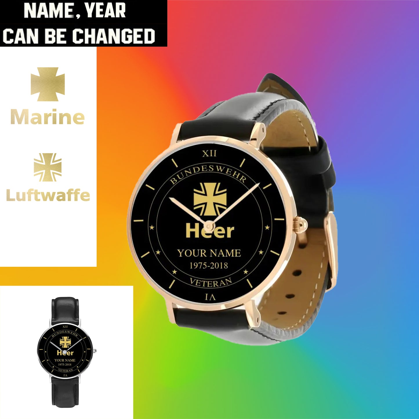 Personalized Germany Soldier/ Veteran With Name And Year Black Stitched Leather Watch - 1603240001 - Gold Version