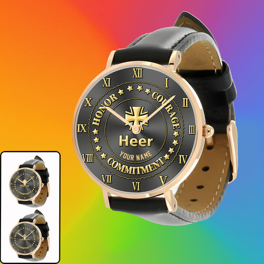 Personalized Germany Soldier/ Veteran With Name Black Stitched Leather Watch - 17110656 - Gold Version