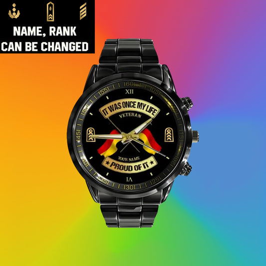 Montre personnalisée en acier inoxydable noir pour soldat/vétéran allemand avec nom et grade - 03052401QA - Version dorée