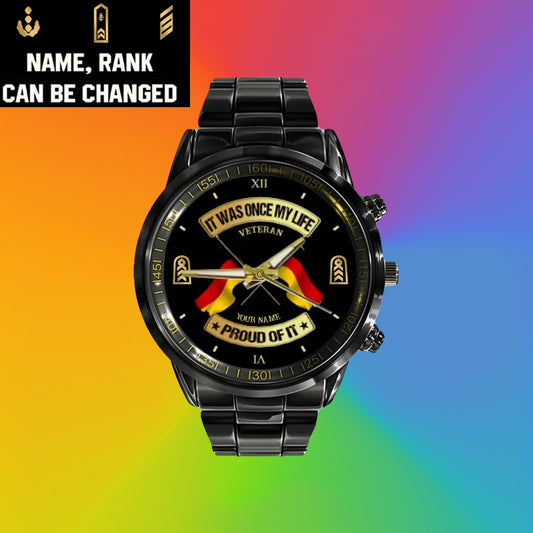 Personalized Germany Soldier/ Veteran With Name and Rank Black Stainless Steel Watch - 03052401QA - Gold Version