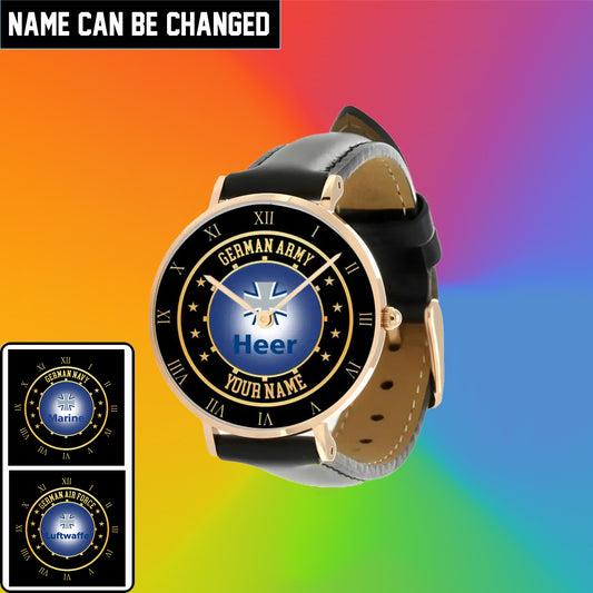 Personalized Germany Soldier/ Veteran With Name Black Stitched Leather Watch - 17122752 - Gold Version