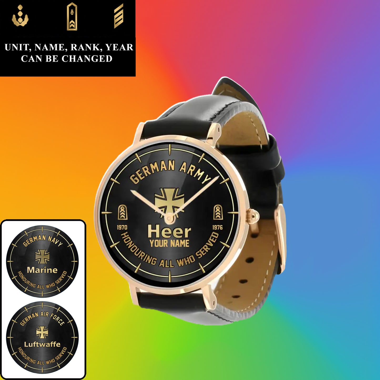 Personalized Germany Soldier/ Veteran With Name, Rank and Year Black Stitched Leather Watch - 17140896 - Gold Version