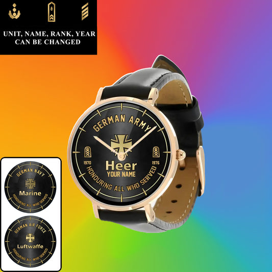 Personalized Germany Soldier/ Veteran With Name, Rank and Year Black Stitched Leather Watch - 17140896 - Gold Version