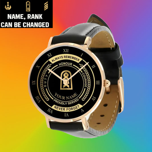 Personalized Germany Soldier/ Veteran With Name, Rank Black Stitched Leather Watch - 0603240002 - Gold Version