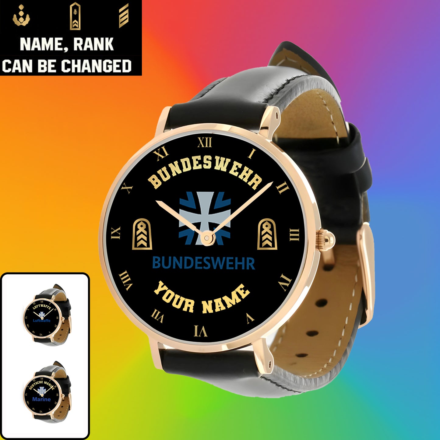 Personalized Germany Soldier/ Veteran With Name And Rank Black Stitched Leather Watch - 17098560 - Gold Version