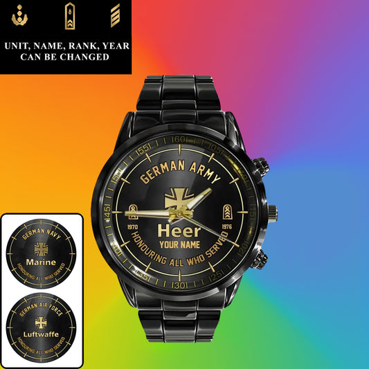 Personalized Germany Soldier/ Veteran With Name, Rank and Year Black Stainless Steel Watch - 26042401QA - Gold Version