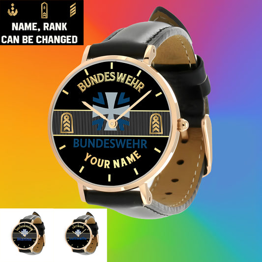 Personalized Germany Soldier/ Veteran With Name And Rank Black Stitched Leather Watch - 0703240001 - Gold Version