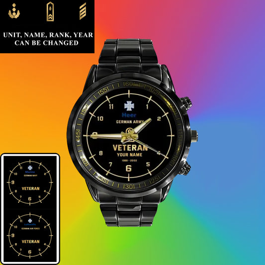 Personalized Germany Soldier/ Veteran With Name, Rank and Year Black Stainless Steel Watch - 03052402QA - Gold Version