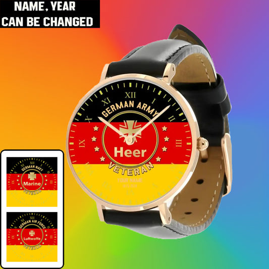 Personalized Germany Soldier/ Veteran With Name And Year Black Stitched Leather Watch - 17120160 - Gold Version