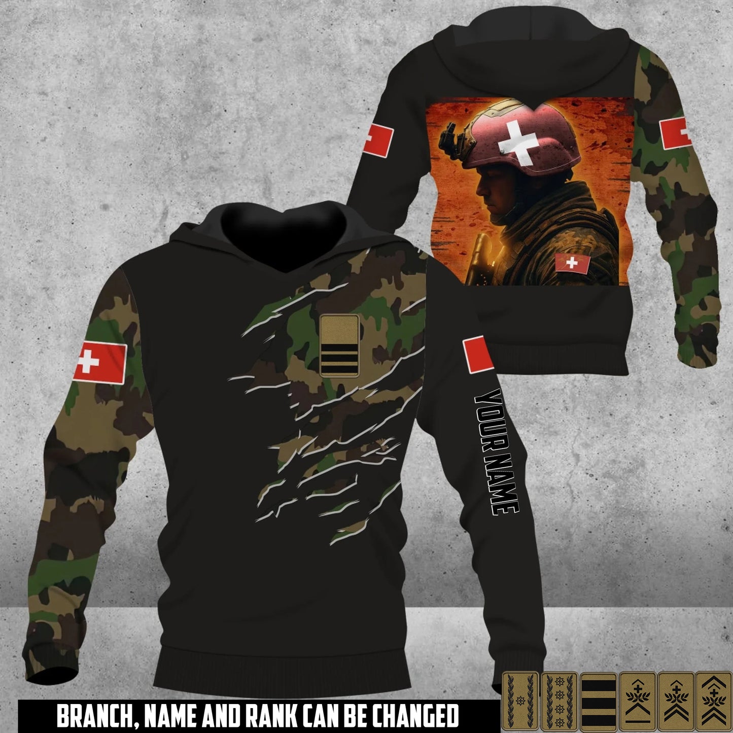 Personalized Swiss Soldier/Veteran Camo with Name & Rank Hoodie All Over Printed - 17673120