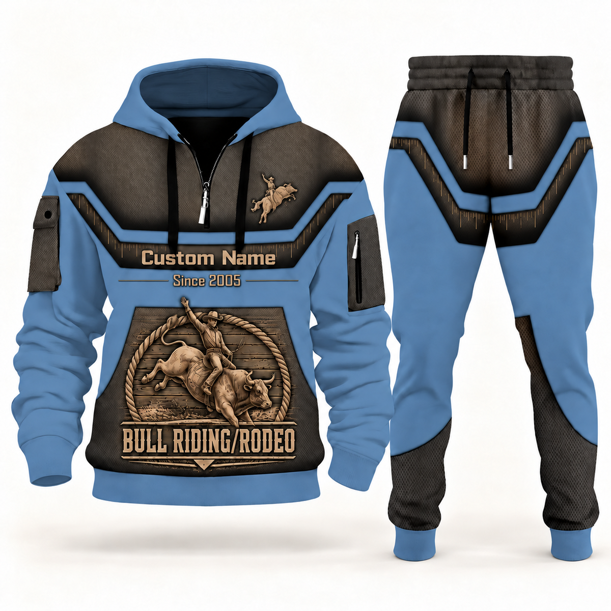 Bull Riding/Rodeo slate blue half zip hoodie and jogger combo