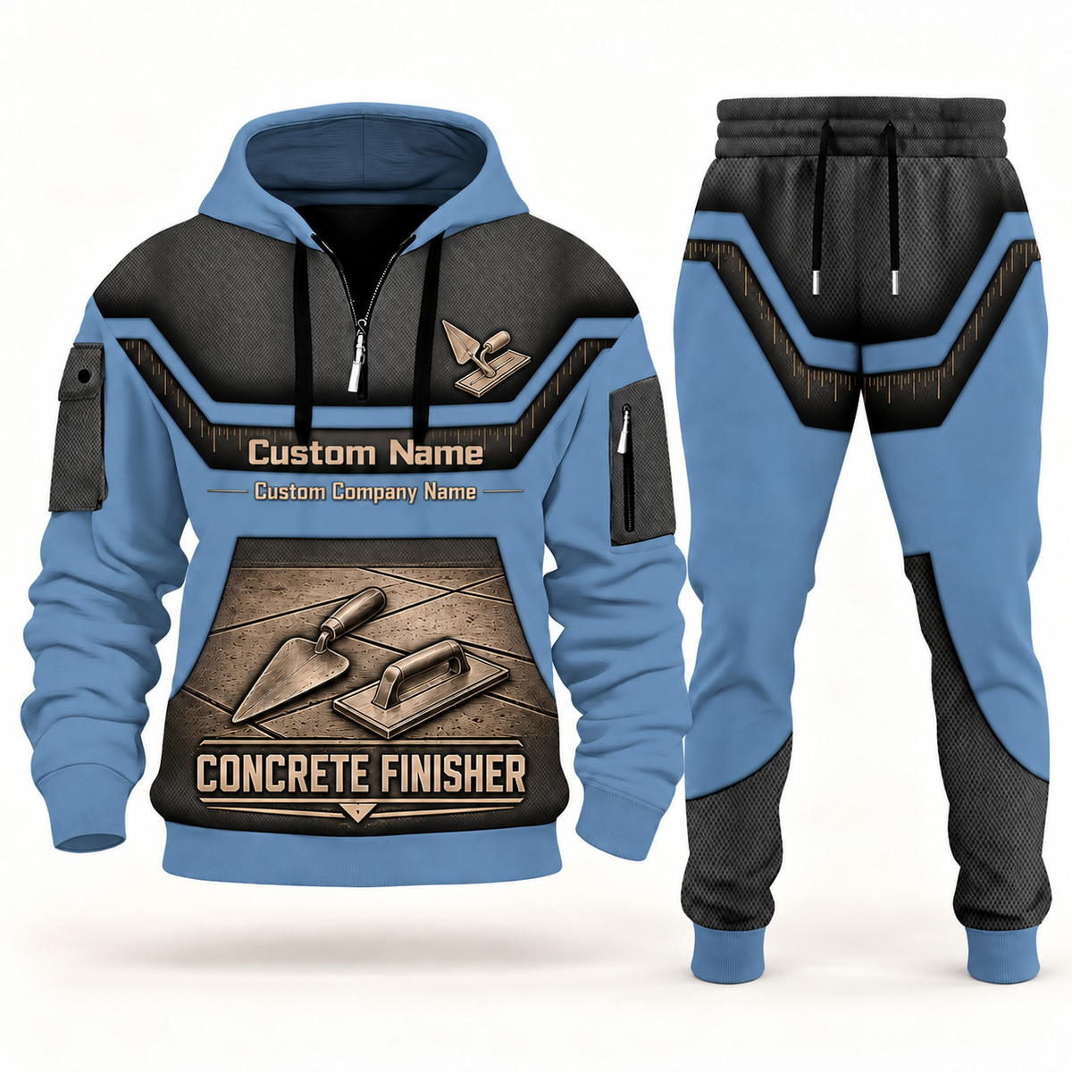 Concrete Finisher slate blue half zip hoodie and jogger combo