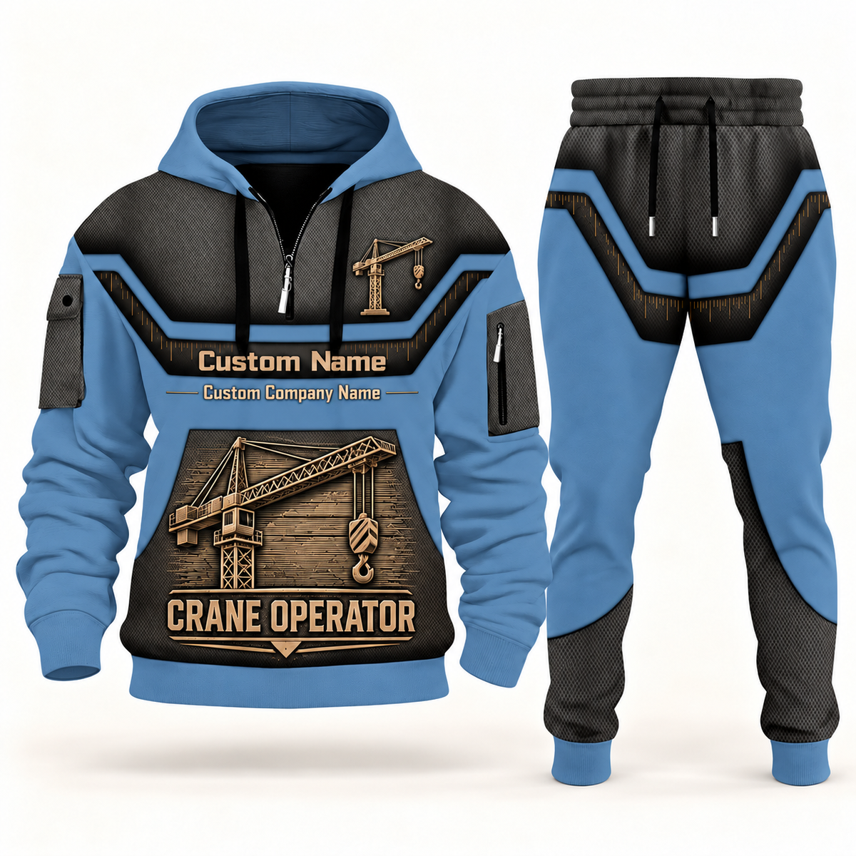 Crane Operator slate blue half zip hoodie and jogger combo