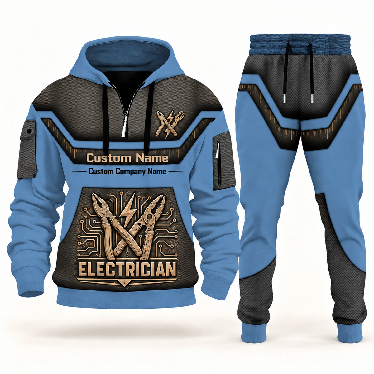 Electrician steel blue half zip hoodie and jogger combo