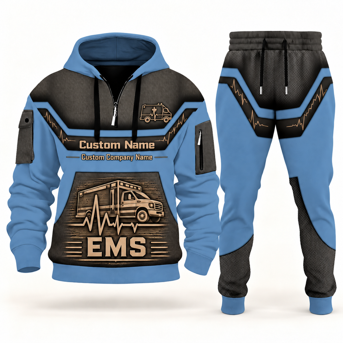 EMS slate blue half zip hoodie and jogger combo