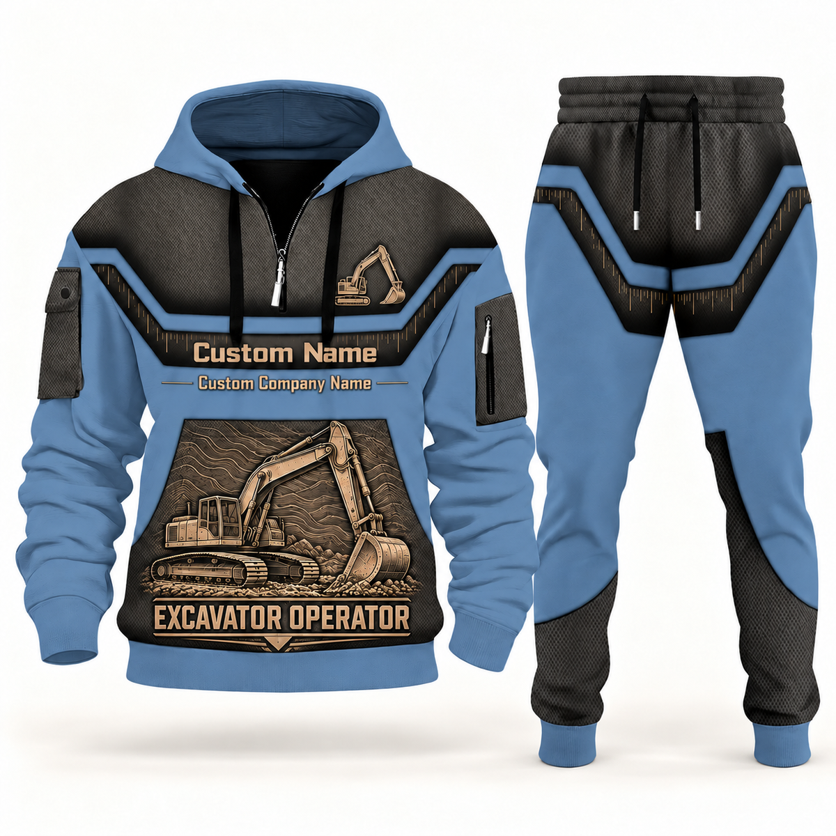 Excavator Operator slate blue half zip hoodie and jogger combo