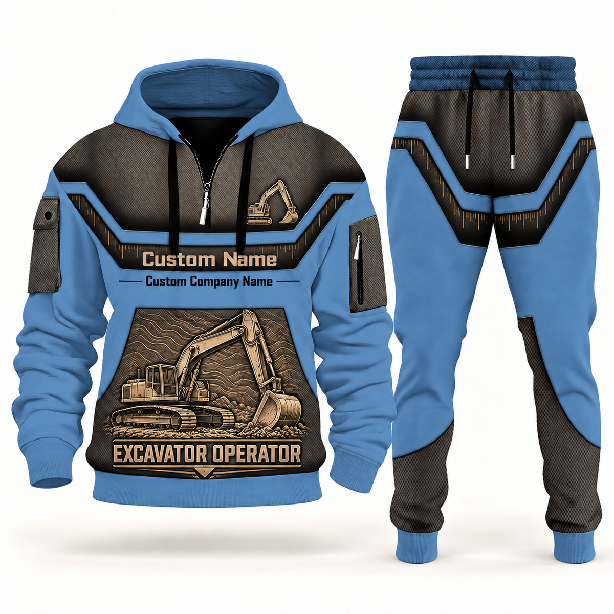 Excavator Operator steel blue half zip hoodie and jogger combo