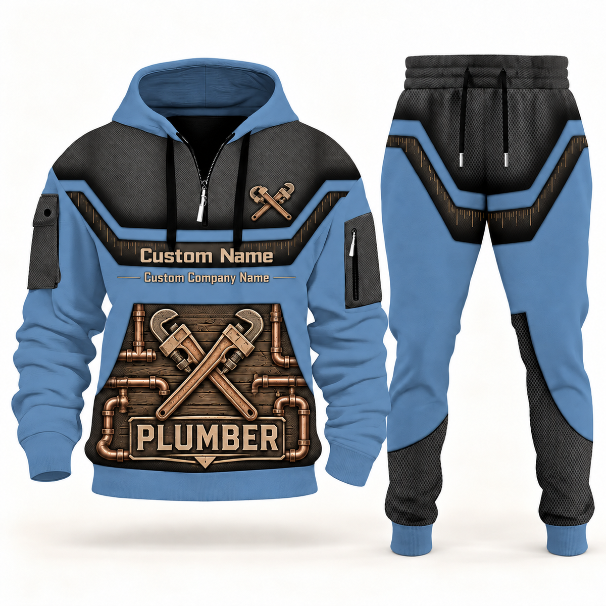 Plumber slate blue half zip hoodie and jogger combo