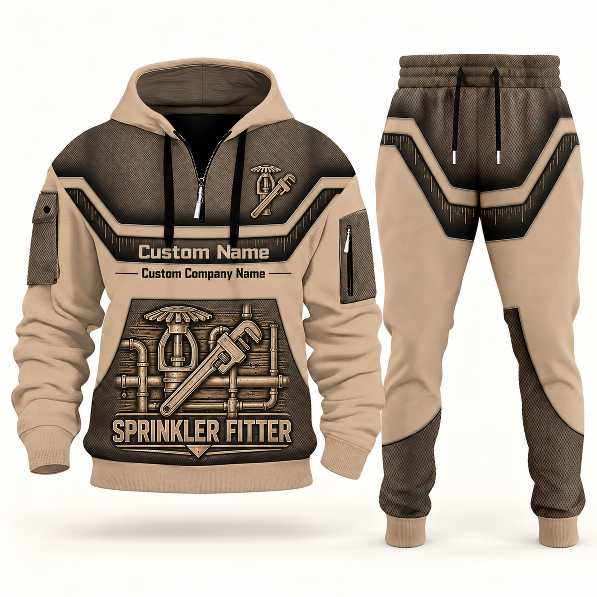 Sprinkler Fitter sand half zip hoodie and jogger combo