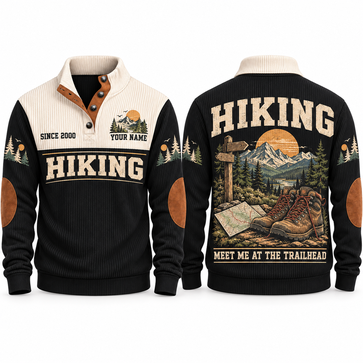 Meet Me at the Trailhead – Black sports sweatshirt, product front and back artwork