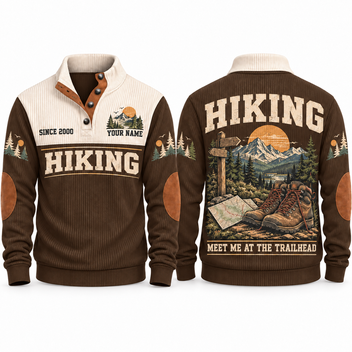 Meet Me at the Trailhead – Brown hiking sports sweatshirt with flat printed artwork