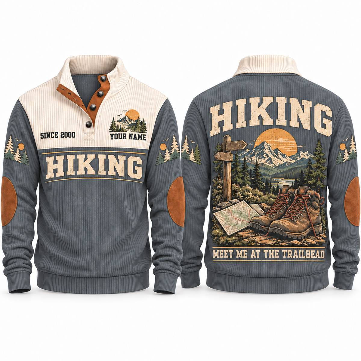 Meet Me at the Trailhead – Grey hiking sports sweatshirt with flat printed artwork