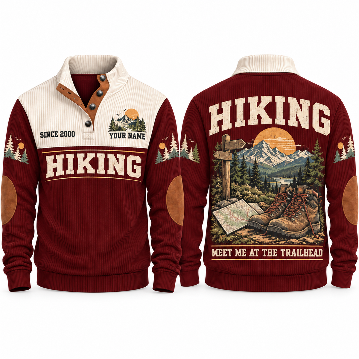 Meet Me at the Trailhead – Jujube Red hiking sports sweatshirt with flat printed artwork