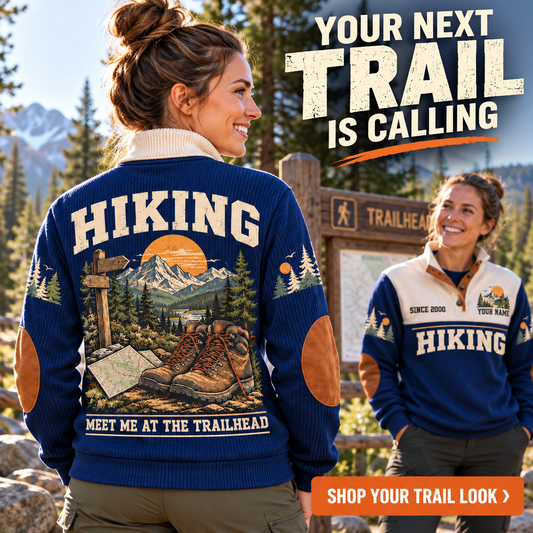 Meet Me at the Trailhead | Hiking Personalized Sports Sweatshirt lifestyle mockup in Navy