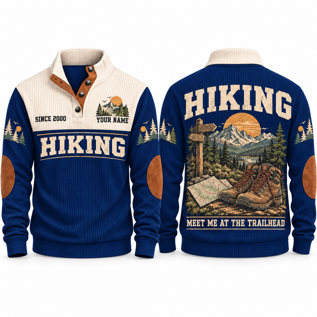 Meet Me at the Trailhead – Navy hiking sports sweatshirt with flat printed artwork