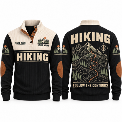 Follow the Contours – Black hiking sports sweatshirt with flat printed artwork