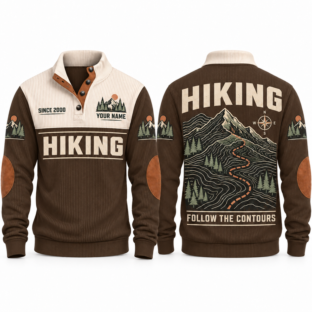 Follow the Contours – Brown hiking sports sweatshirt with flat printed artwork