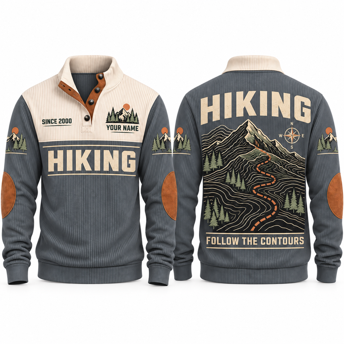 Follow the Contours – Grey hiking sports sweatshirt with flat printed artwork
