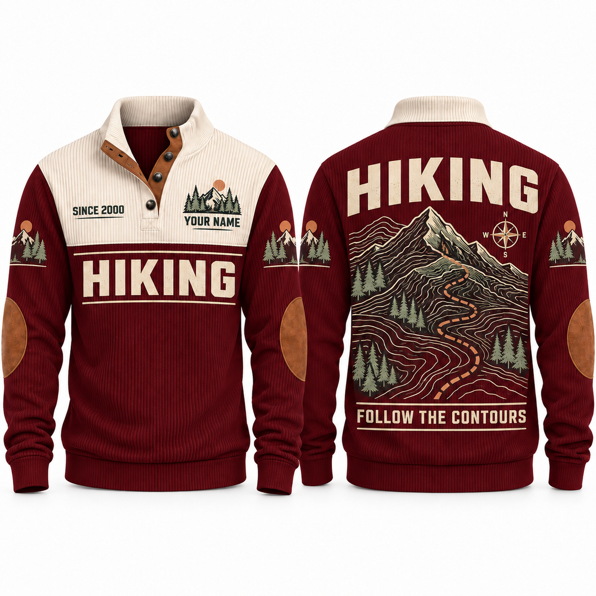 Follow the Contours – Jujube Red hiking sports sweatshirt with flat printed artwork