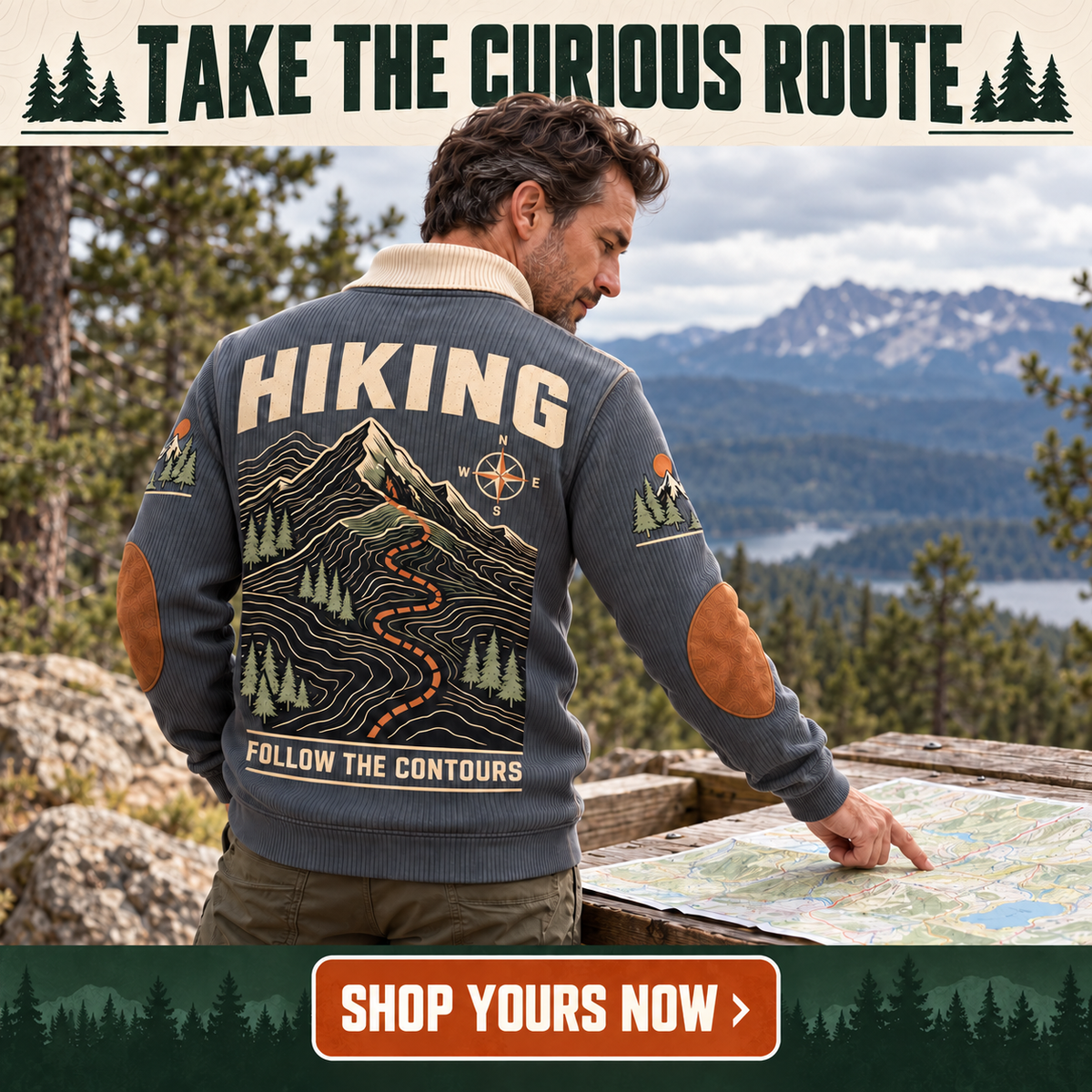 Follow the Contours | Hiking Personalized Sports Sweatshirt lifestyle mockup in Grey