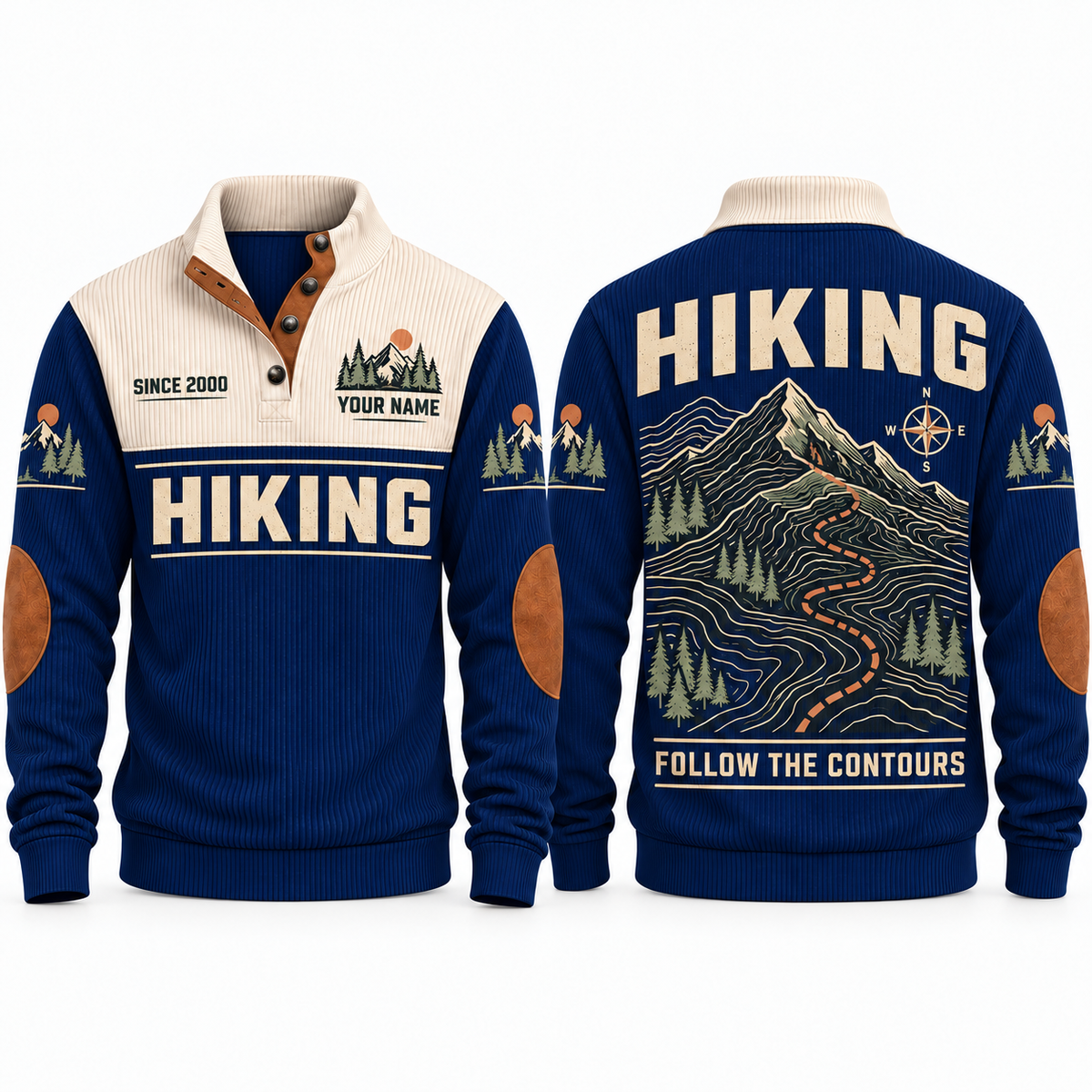 Follow the Contours – Navy hiking sports sweatshirt with flat printed artwork