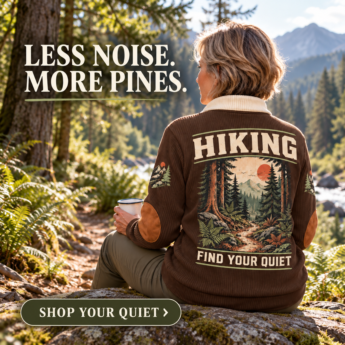 Find Your Quiet | Hiking Personalized Sports Sweatshirt lifestyle mockup in Brown