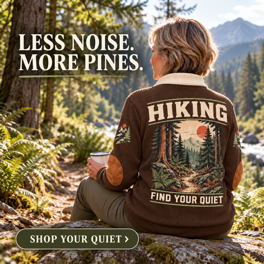 Find Your Quiet | Hiking Personalized Sports Sweatshirt lifestyle mockup in Brown