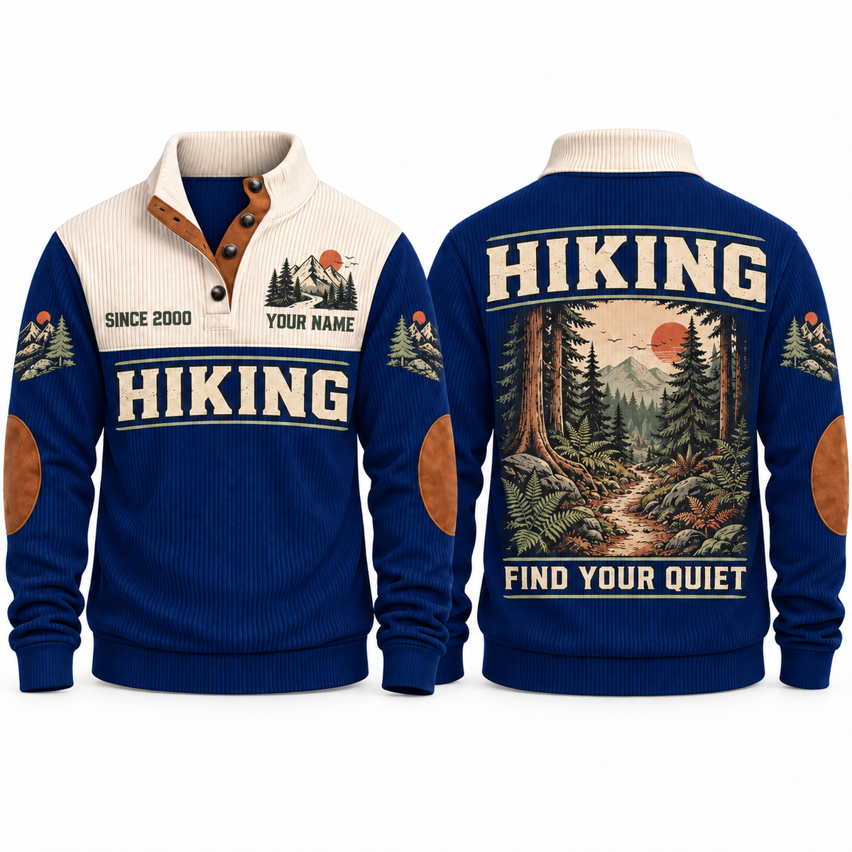 Find Your Quiet – Navy hiking sports sweatshirt with flat printed artwork