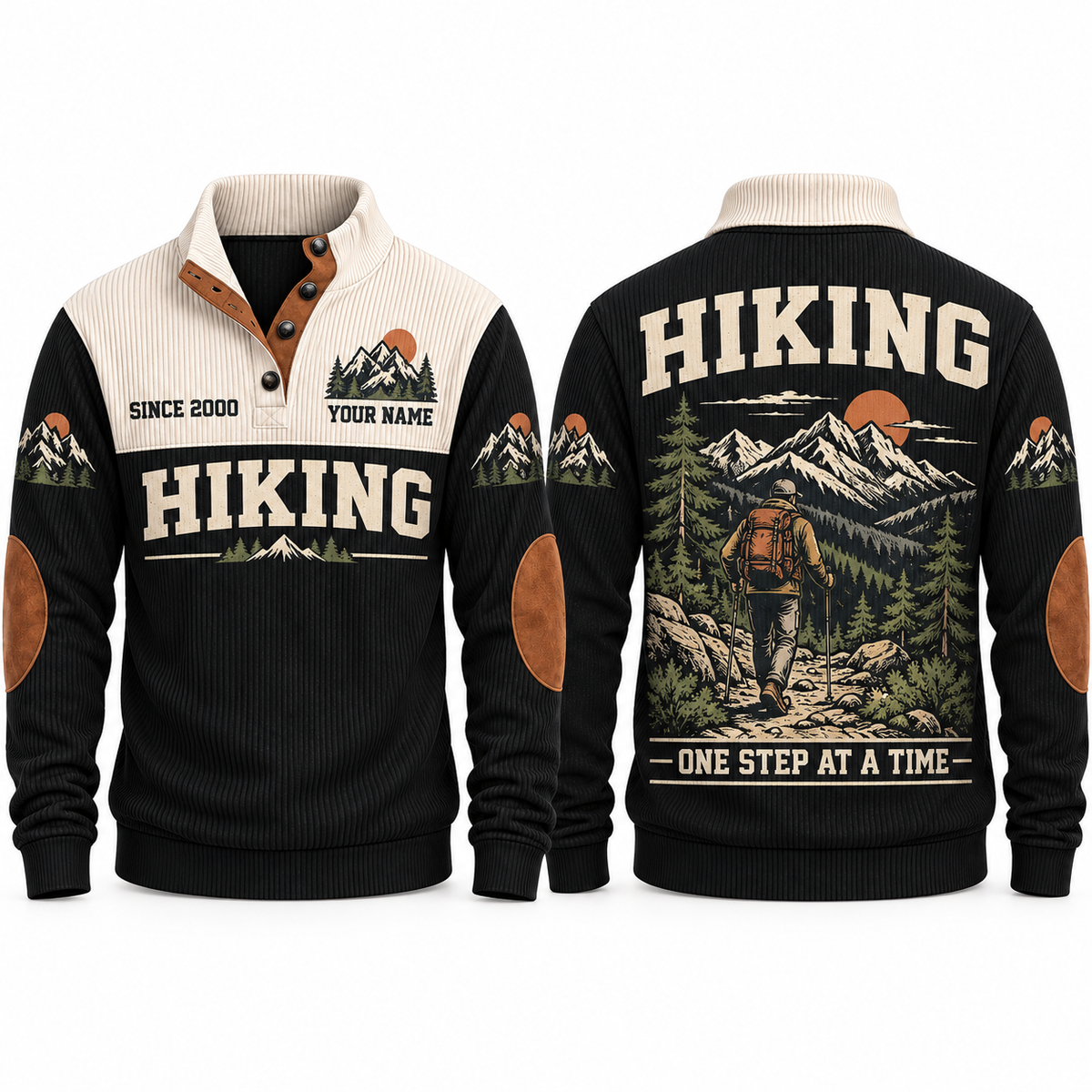 One Step at a Time – Black hiking sports sweatshirt with flat printed artwork