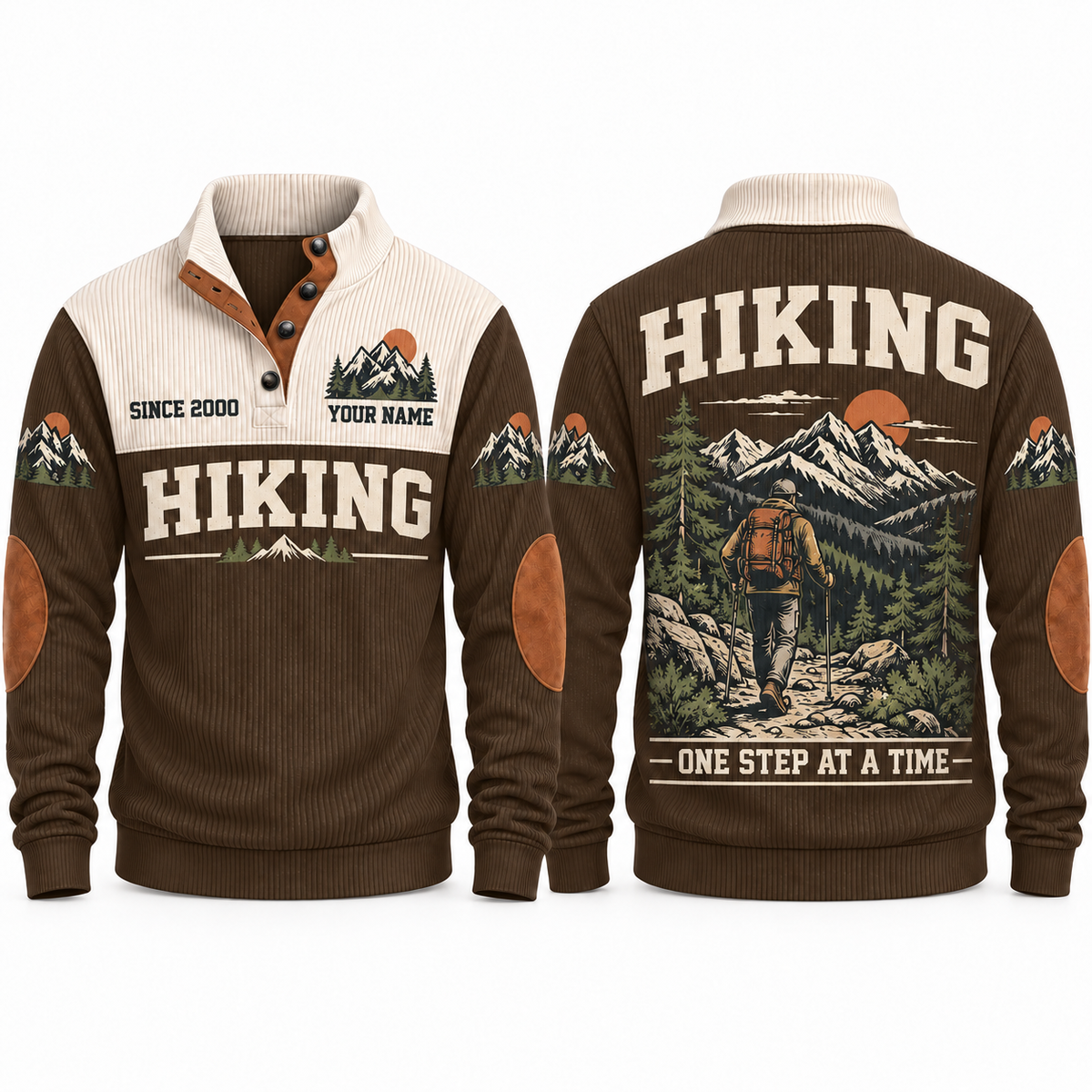 One Step at a Time – Brown hiking sports sweatshirt with flat printed artwork
