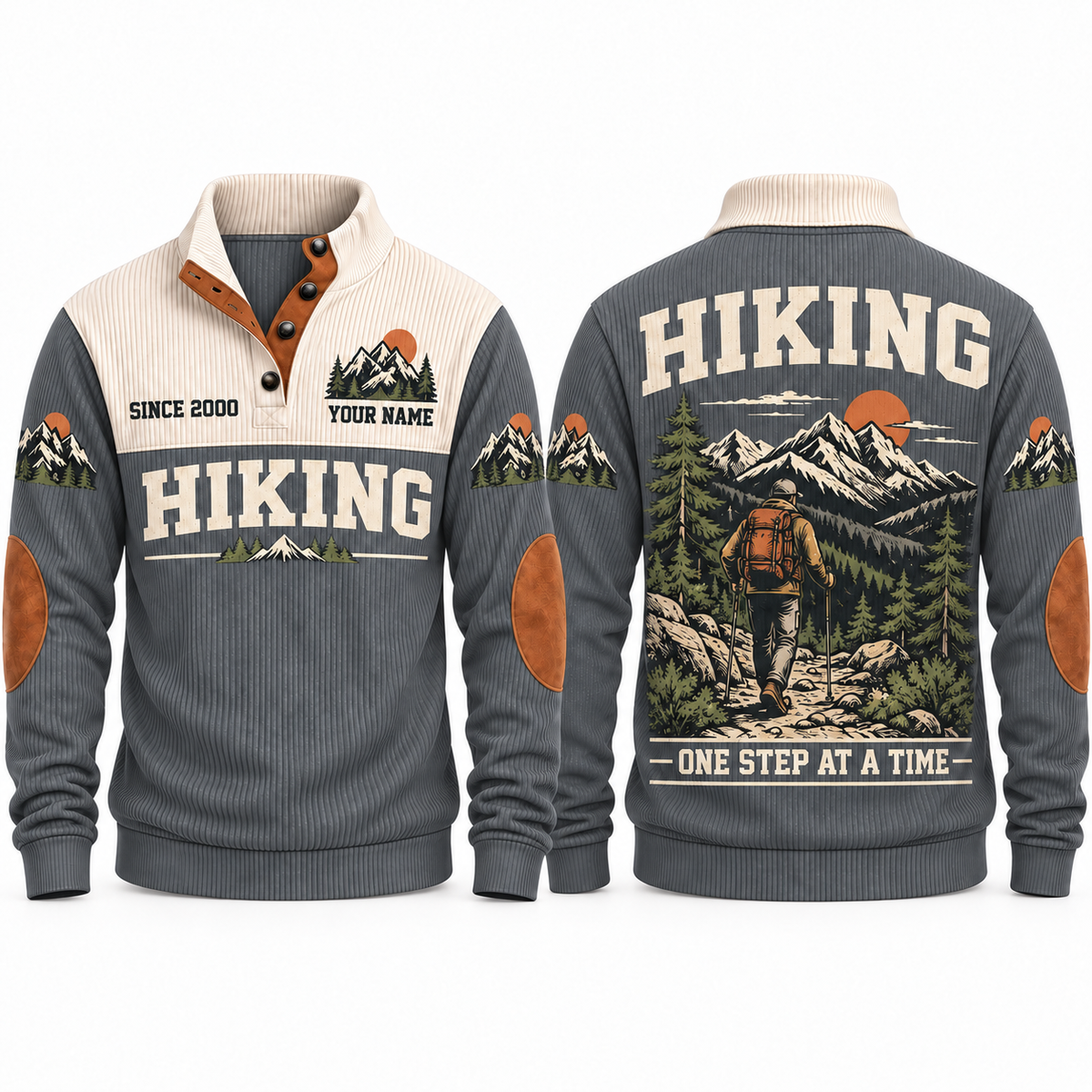 One Step at a Time – Grey hiking sports sweatshirt with flat printed artwork
