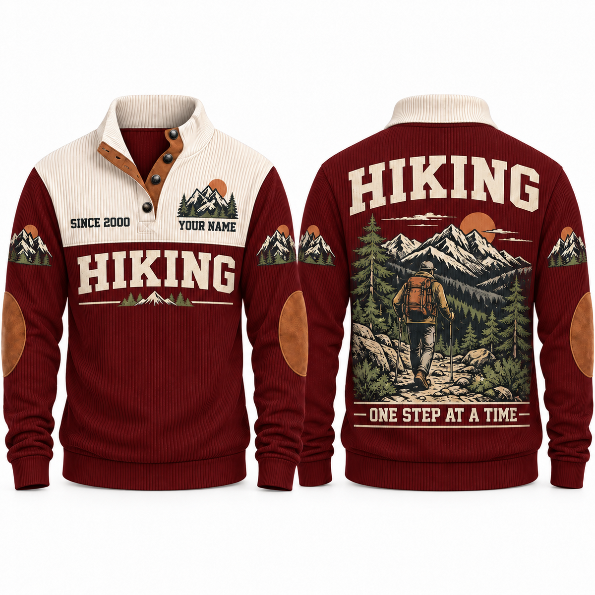 One Step at a Time – Jujube Red hiking sports sweatshirt with flat printed artwork