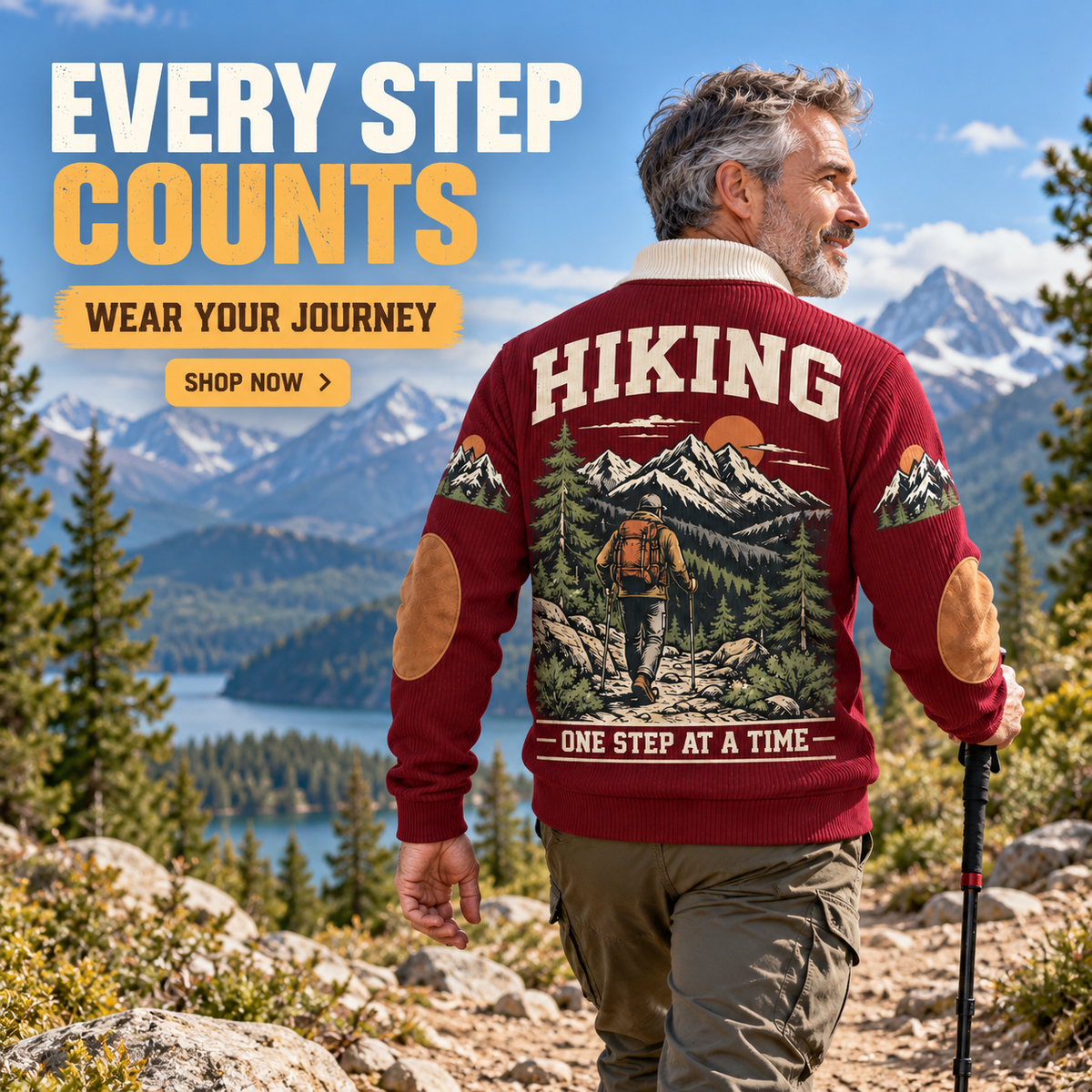 One Step at a Time | Hiking Personalized Sports Sweatshirt lifestyle mockup in Jujube Red