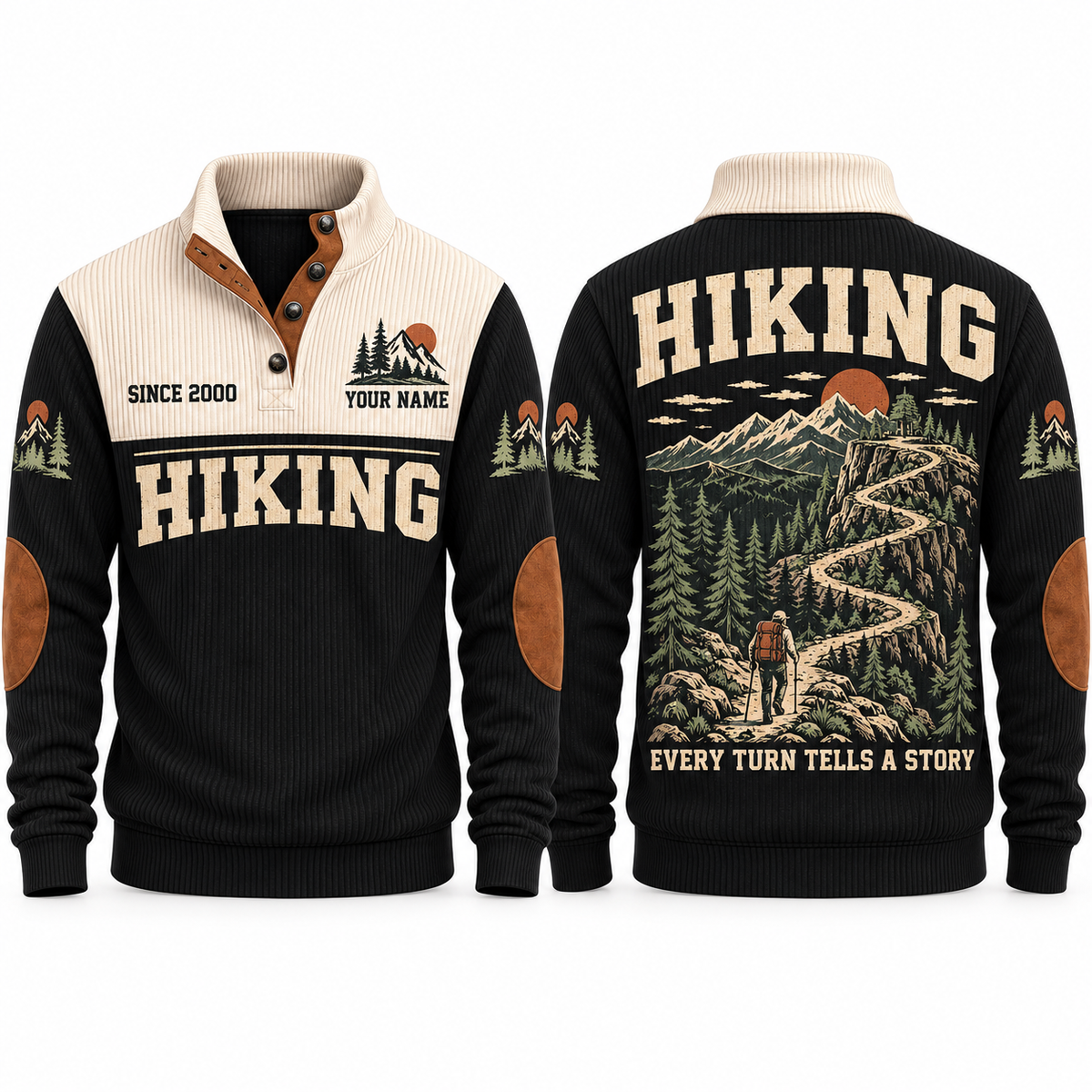 Every Turn Tells a Story – Black hiking sports sweatshirt with flat printed artwork