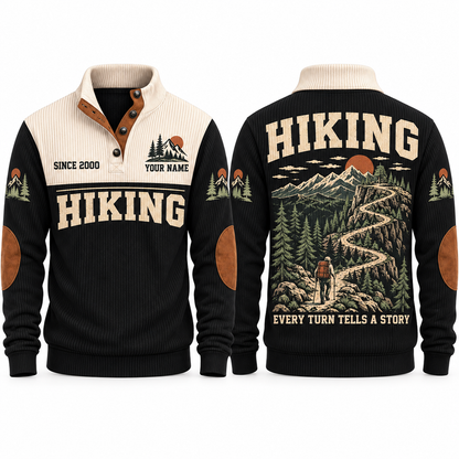 Every Turn Tells a Story – Black hiking sports sweatshirt with flat printed artwork