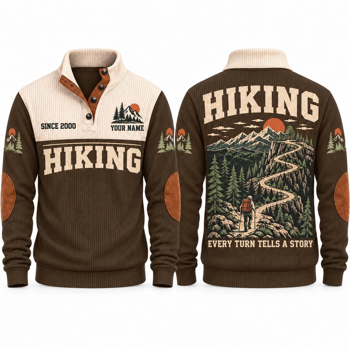 Every Turn Tells a Story – Brown hiking sports sweatshirt with flat printed artwork